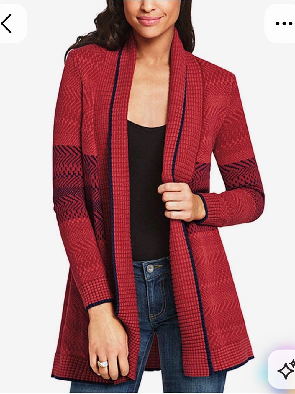 Cabi Joy Women’s Southwestern Red Navy Open-Front Cardigan Sweater size M